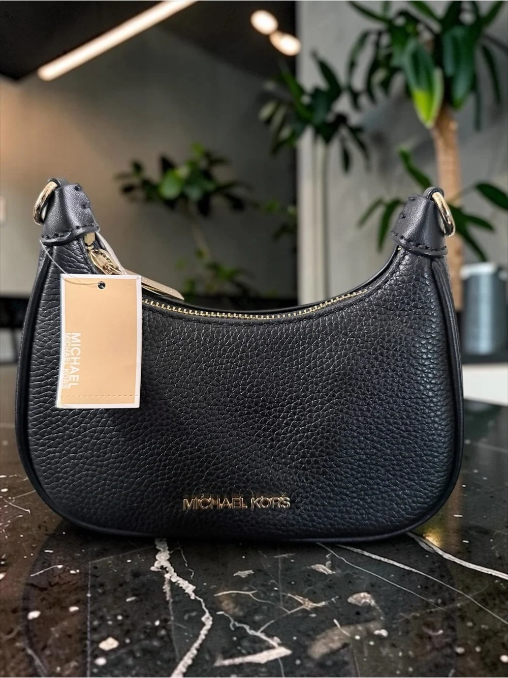Michael Kors Black Pebbled Mini Crescent Shoulder Bag with Gold Hardware